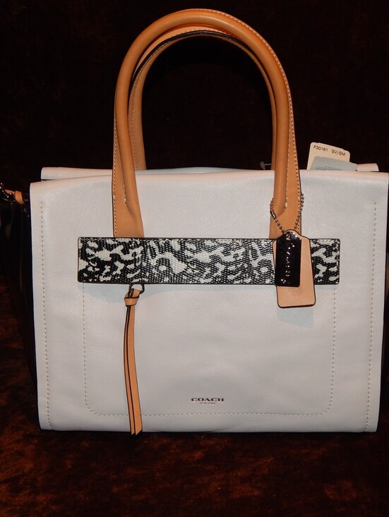Coach Handbags - COACH White Leather Satchel with Tan Handles and Black Snakeskin Accent
